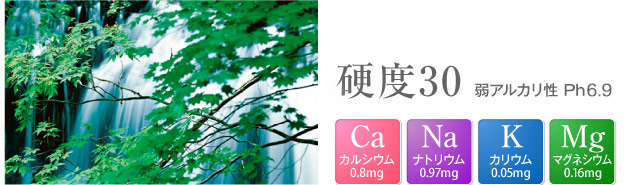 硬度30 弱アルカリ性 Ph7.2 「カルシウム 8.0mg」「ナトリウム 9.7mg」「カリウム 0.5mg」「マグネシウム 1.6mg」