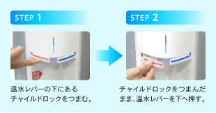 「step1」温水レバーの下にあるチャイルドロックをつまむ。「step2」チャイルドロックをつまんだまま、温水レバーを下へ押す。